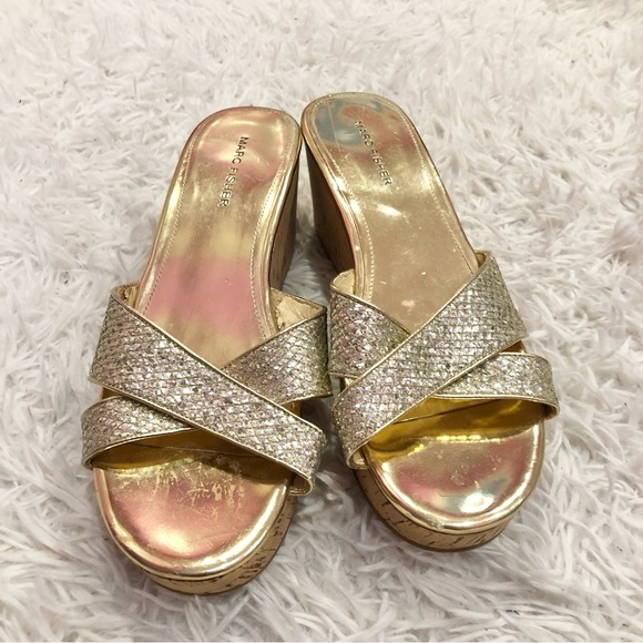 Marc Fisher Cilla 2 Glitter Heel Wedges Gold 9‎ - Picture 2 of 12